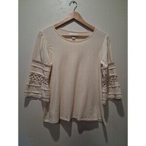 Studio JPR Women's Size PM, Ivory Cream Top, 3/4 Crochet Lace Bell Sleeve Boho